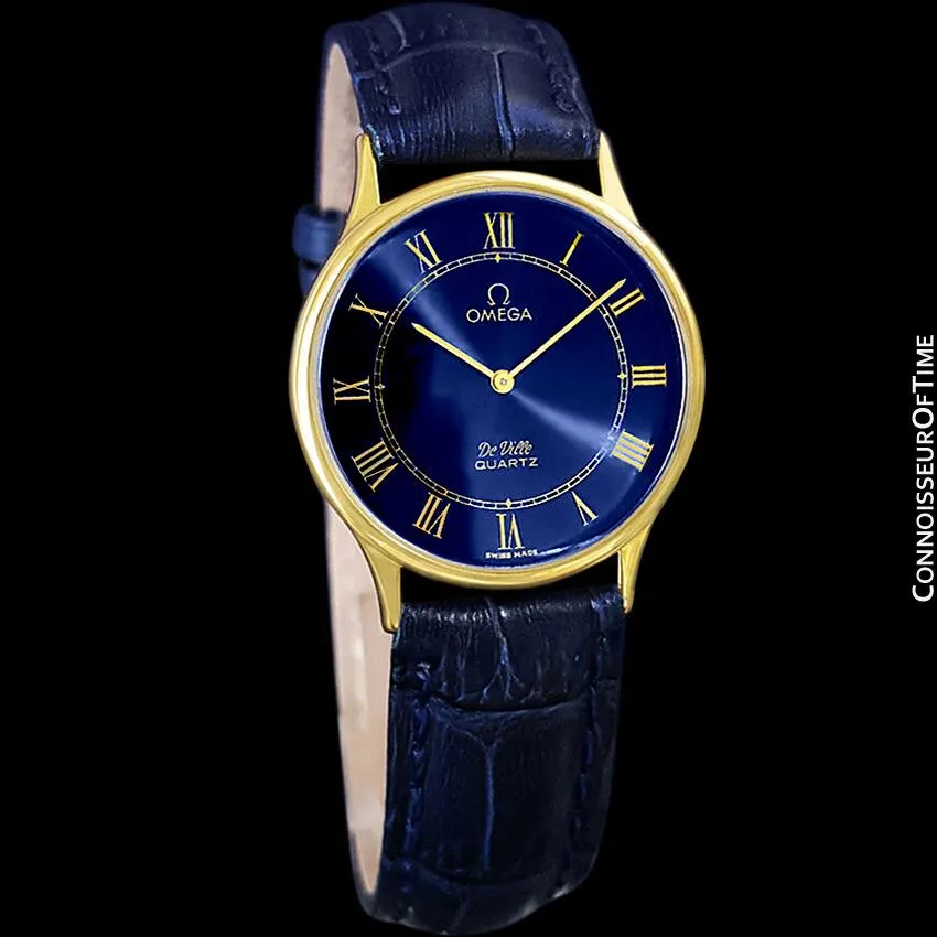 Omega De Ville Vintage Mens Midsize Thin Quartz Dress Watch with Blue Dial - 18K Gold Plated