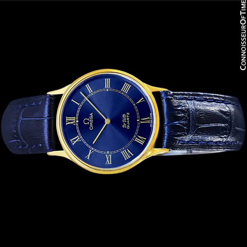 Omega De Ville Vintage Mens Midsize Thin Quartz Dress Watch with Blue Dial - 18K Gold Plated