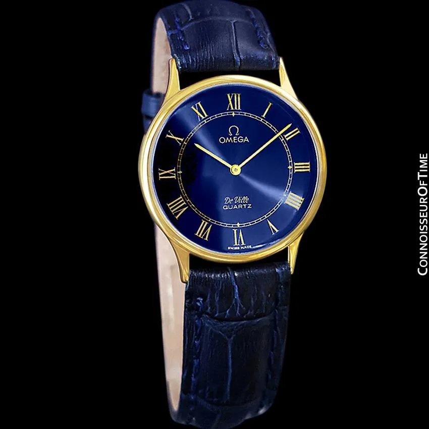 Omega De Ville Vintage Mens Midsize Thin Quartz Dress Watch with Blue Dial - 18K Gold Plated