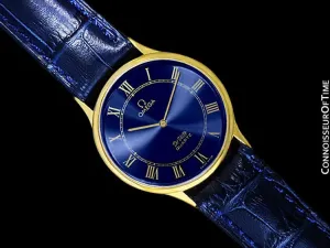 Omega De Ville Vintage Mens Midsize Thin Quartz Dress Watch with Blue Dial - 18K Gold Plated