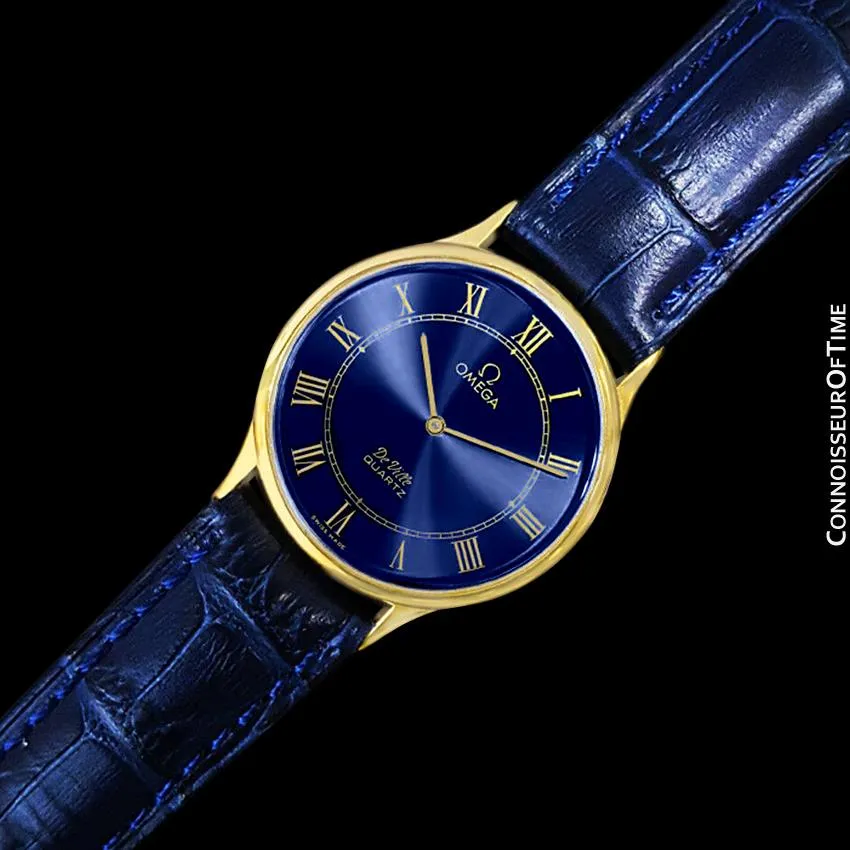 Omega De Ville Vintage Mens Midsize Thin Quartz Dress Watch with Blue Dial - 18K Gold Plated