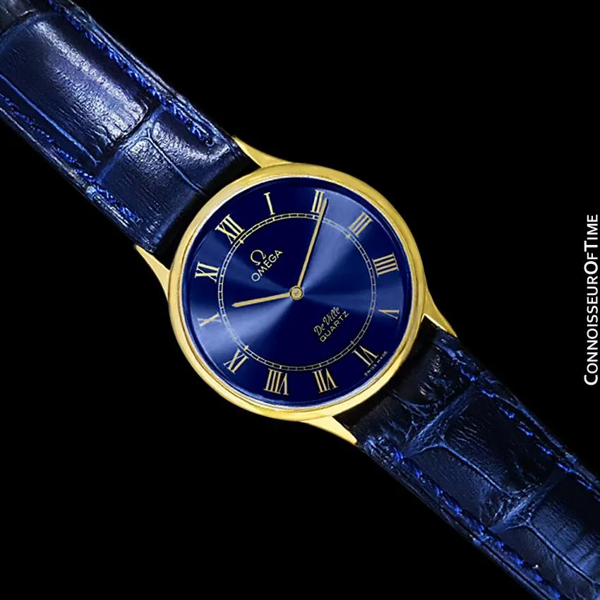 Omega De Ville Vintage Mens Midsize Thin Quartz Dress Watch with Blue Dial - 18K Gold Plated