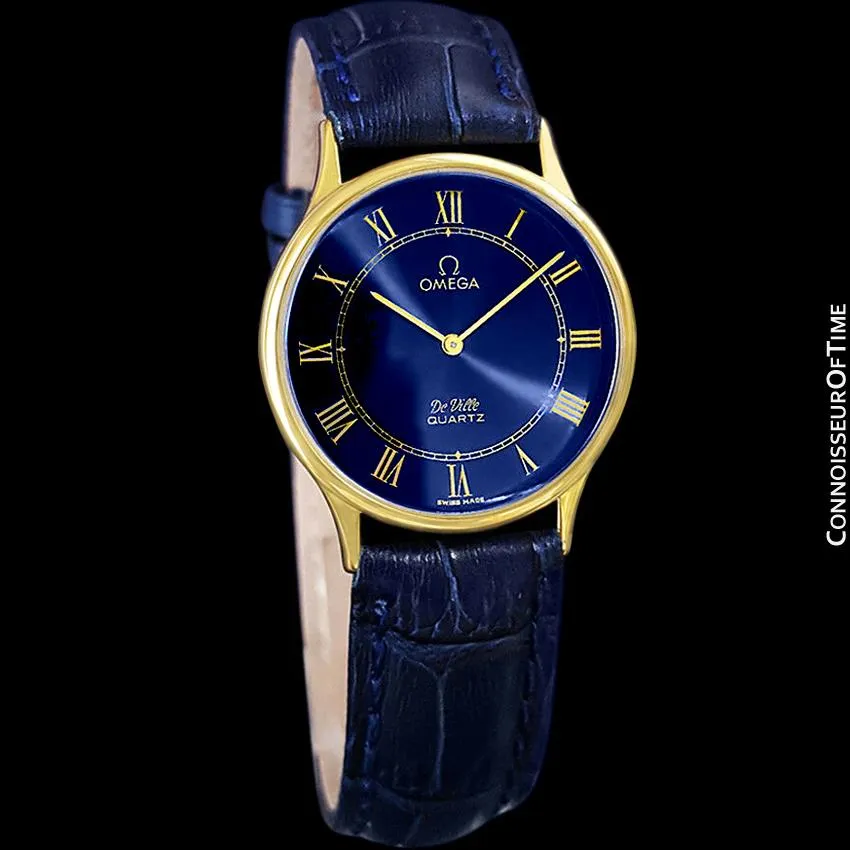 Omega De Ville Vintage Mens Midsize Thin Quartz Dress Watch with Blue Dial - 18K Gold Plated