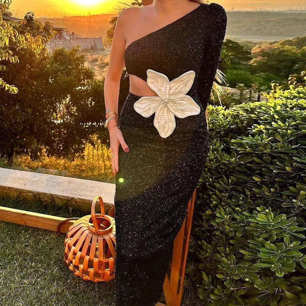 One Shoulder Long Sleeve Sequins Midi Bodycon Dress HL94071