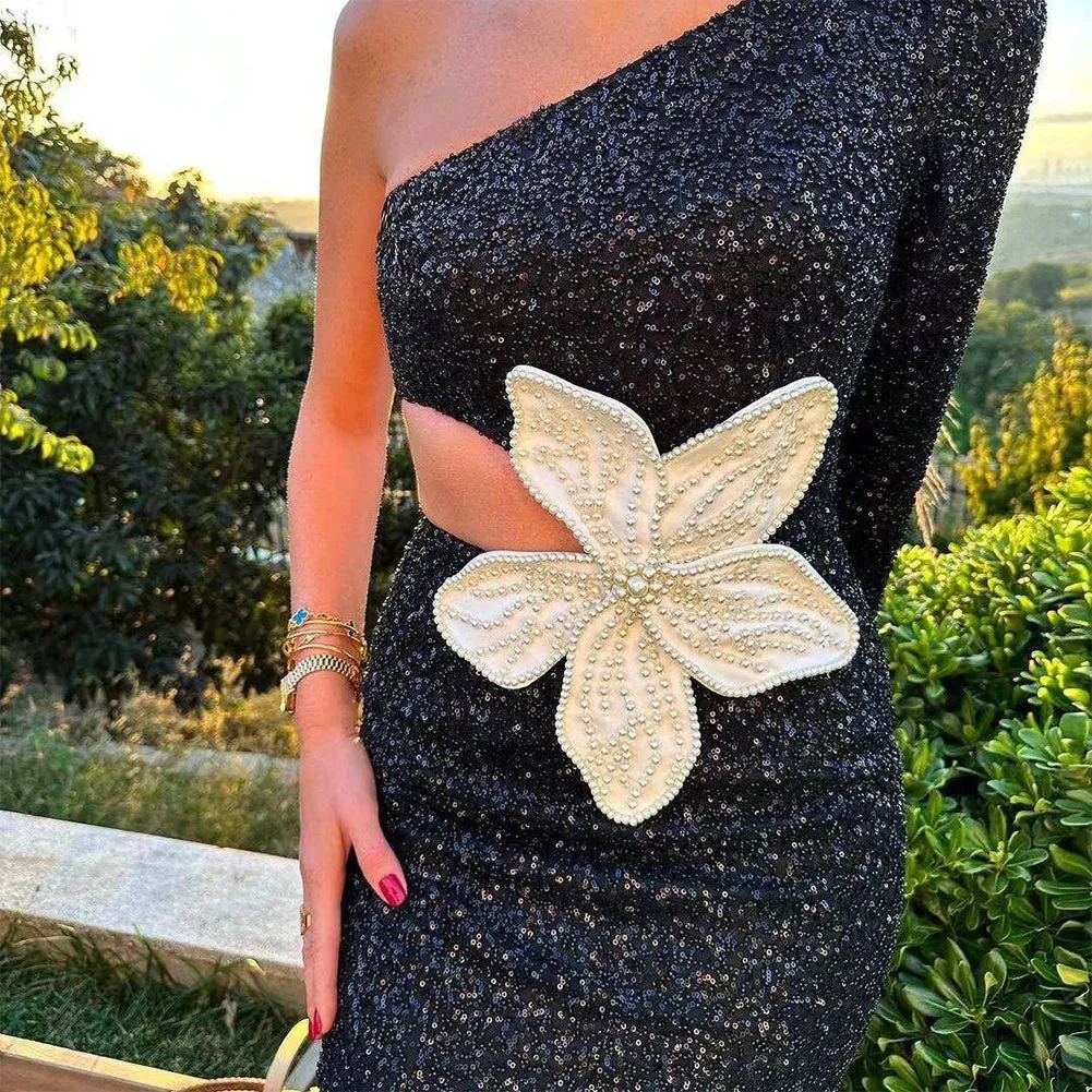 One Shoulder Long Sleeve Sequins Midi Bodycon Dress HL94071