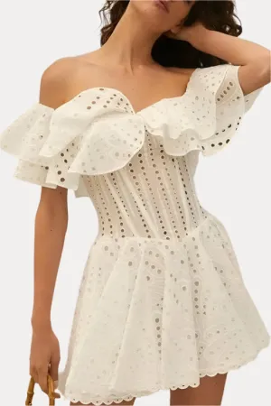 One-Shoulder Ruffled Hollow Embroidery Slim Waist Dress