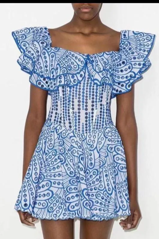 One-Shoulder Ruffled Hollow Embroidery Slim Waist Dress