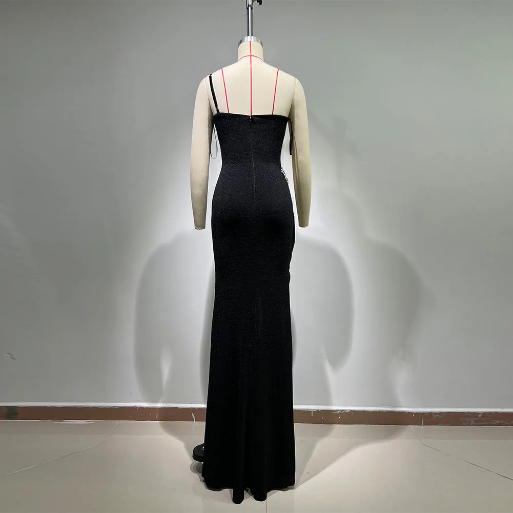 One Shoulder Sleeveless Rhinestone Maxi Bodycon Dress HT1123