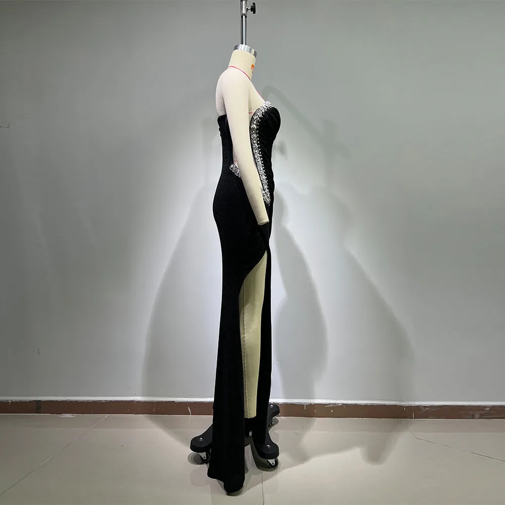 One Shoulder Sleeveless Rhinestone Maxi Bodycon Dress HT1123