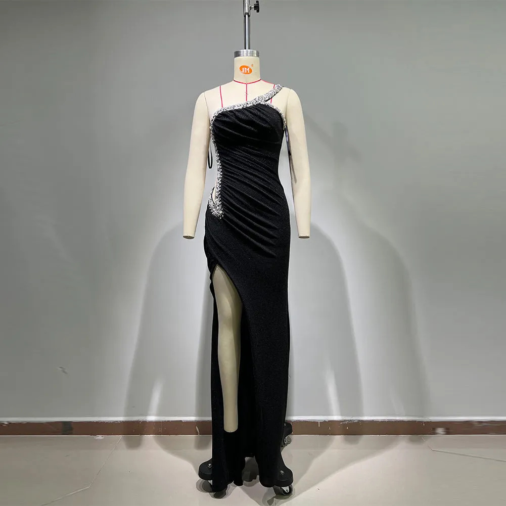 One Shoulder Sleeveless Rhinestone Maxi Bodycon Dress HT1123