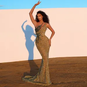 One Shoulder Sleeveless Sequins Maxi Bodycon Dress HT10370