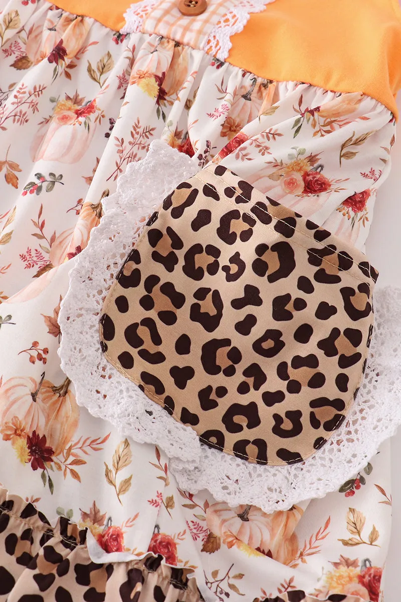 Orange Pumpkin Leopard Ruffle Dress