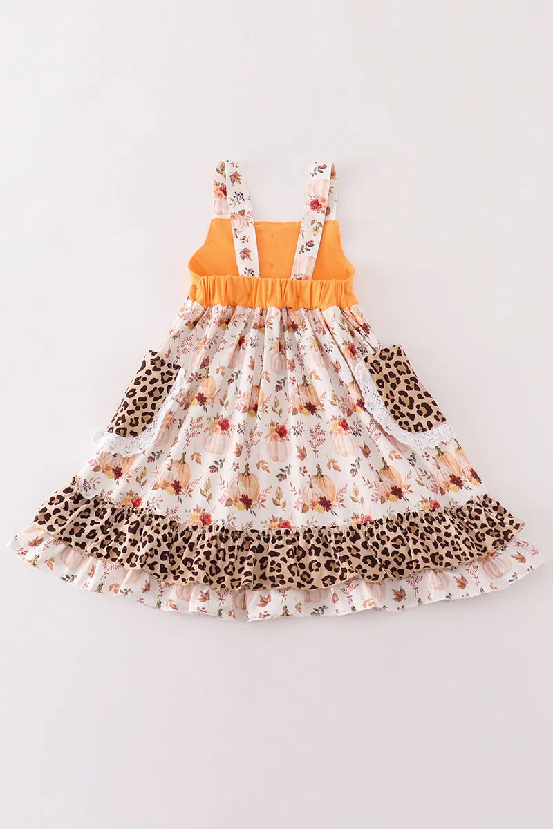 Orange Pumpkin Leopard Ruffle Dress