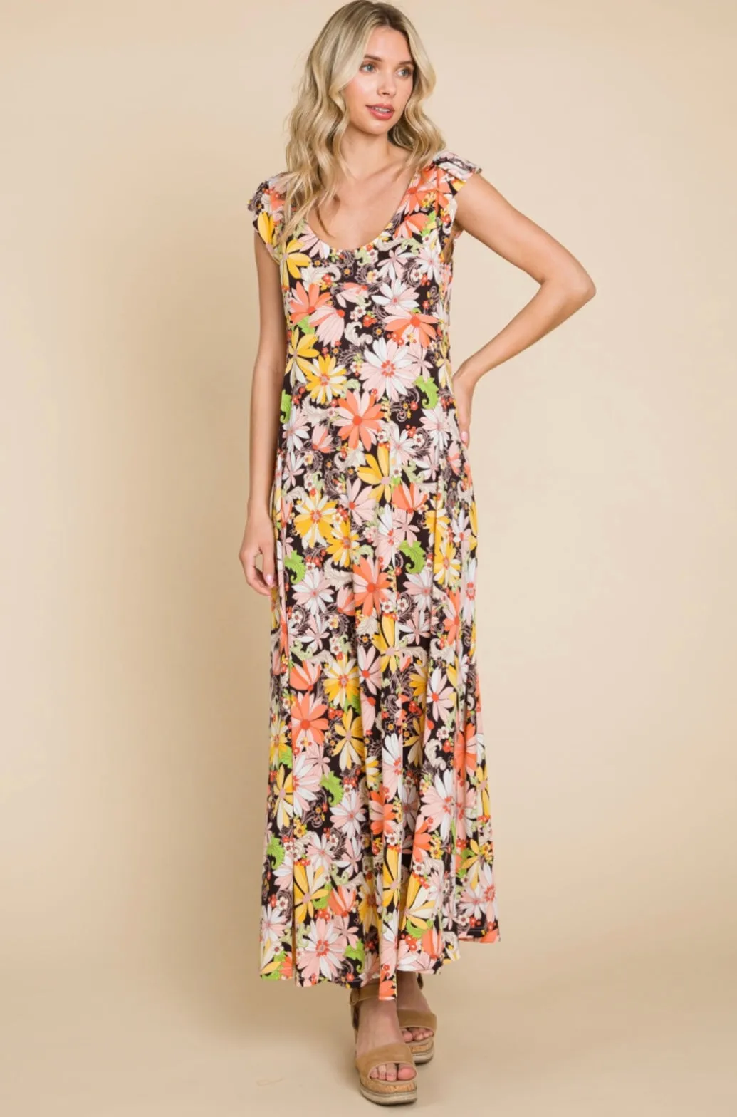 Orange Yellow Green Floral Maxi Dress