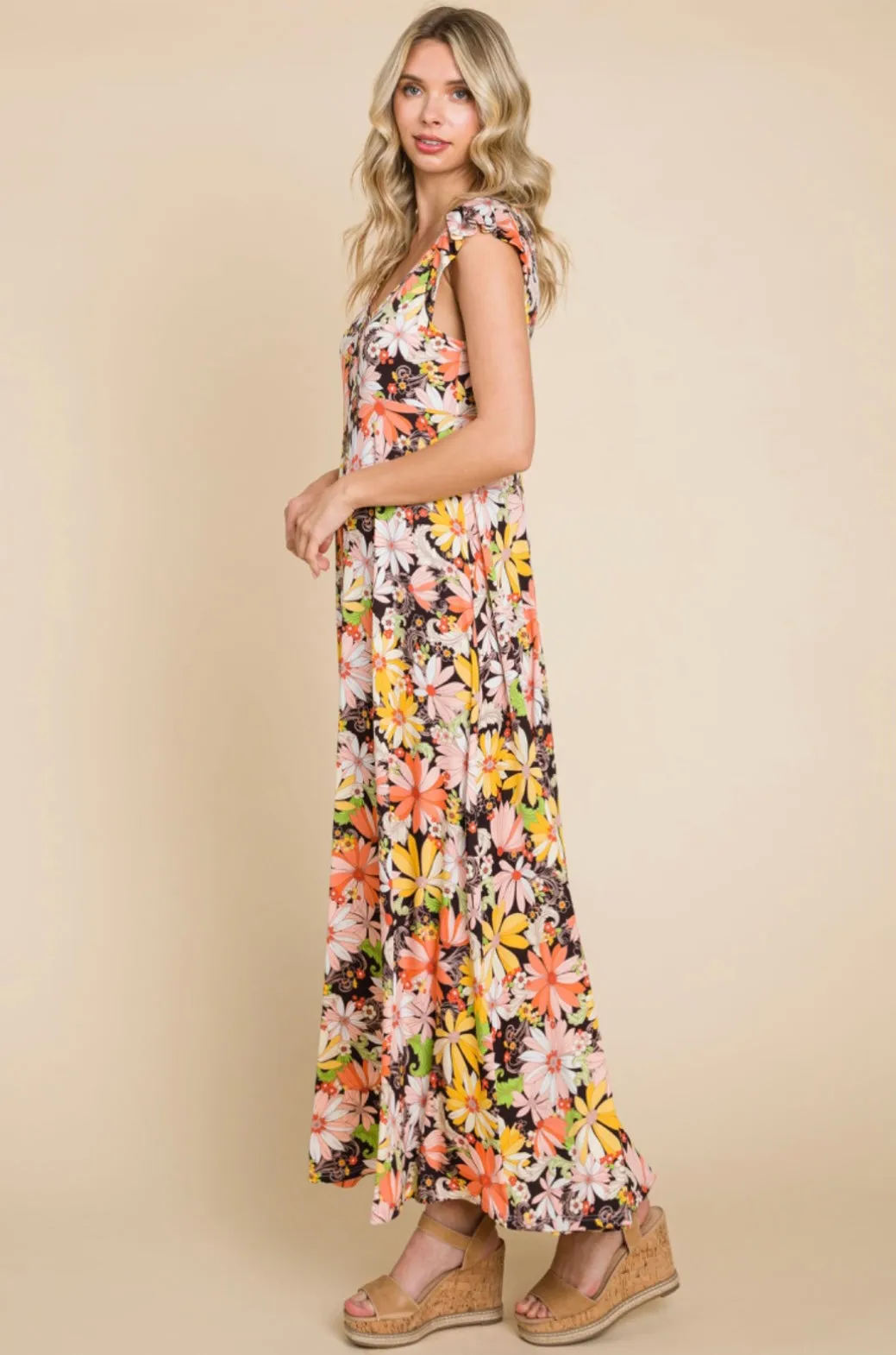 Orange Yellow Green Floral Maxi Dress