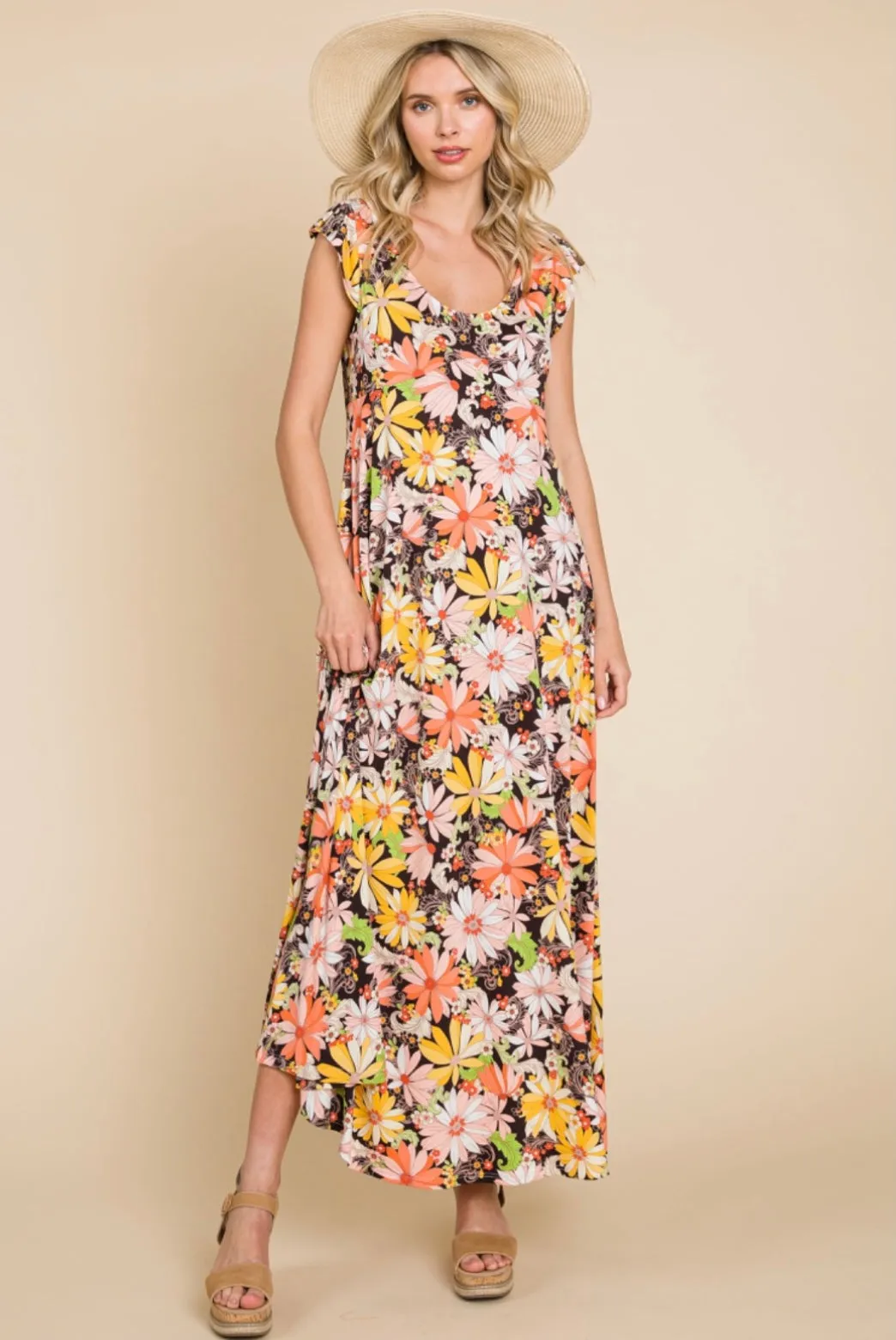 Orange Yellow Green Floral Maxi Dress