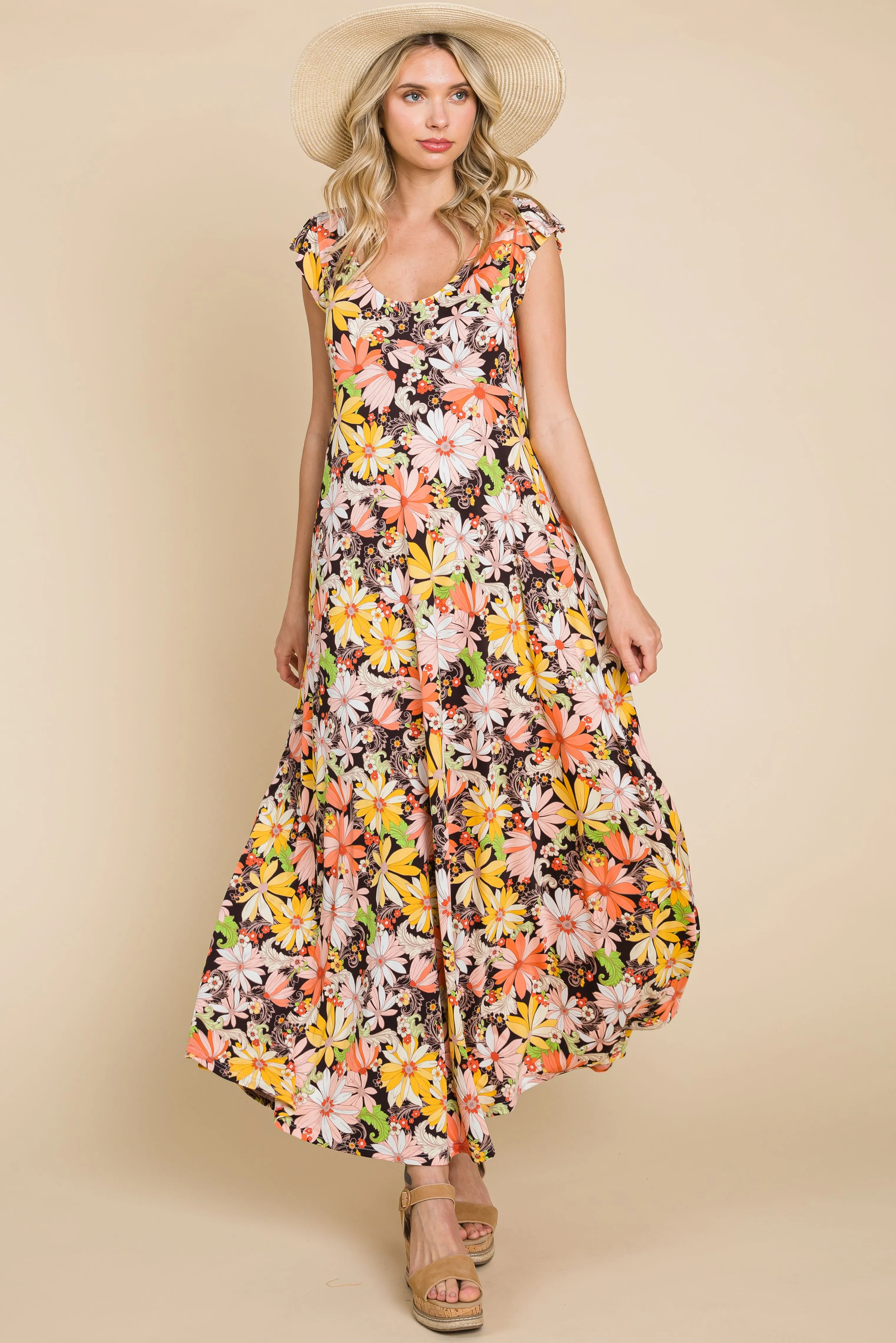 Orange Yellow Green Floral Maxi Dress