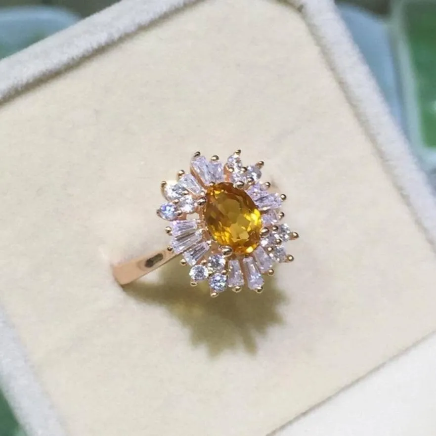 Oval Cut Natural Citrine Flower Engagement Ring