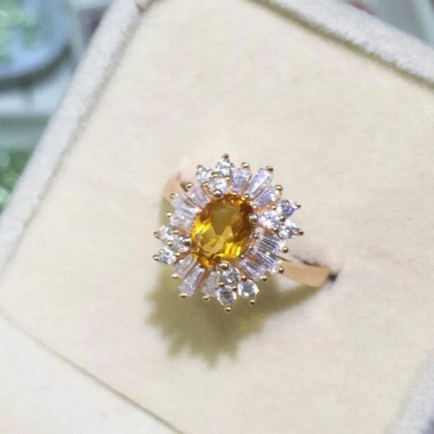 Oval Cut Natural Citrine Flower Engagement Ring
