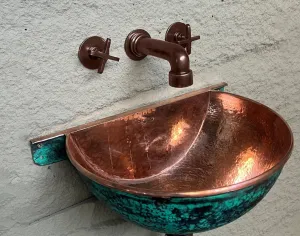 Oxidized Copper Wall-Mounted Bathroom Sink – Green Patina Copper Basin with Faucet