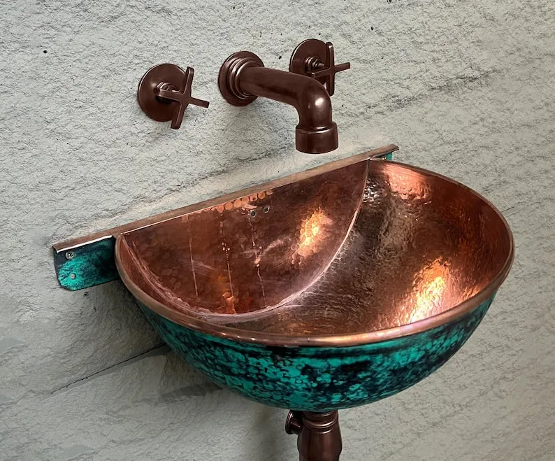 Oxidized Copper Wall-Mounted Bathroom Sink – Green Patina Copper Basin with Faucet