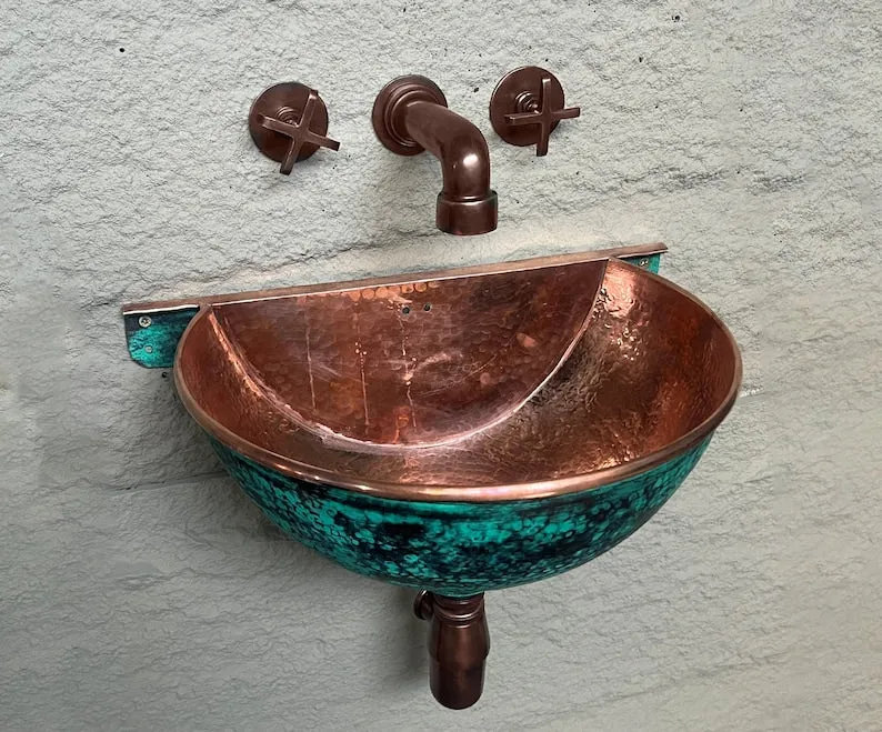 Oxidized Copper Wall-Mounted Bathroom Sink – Green Patina Copper Basin with Faucet