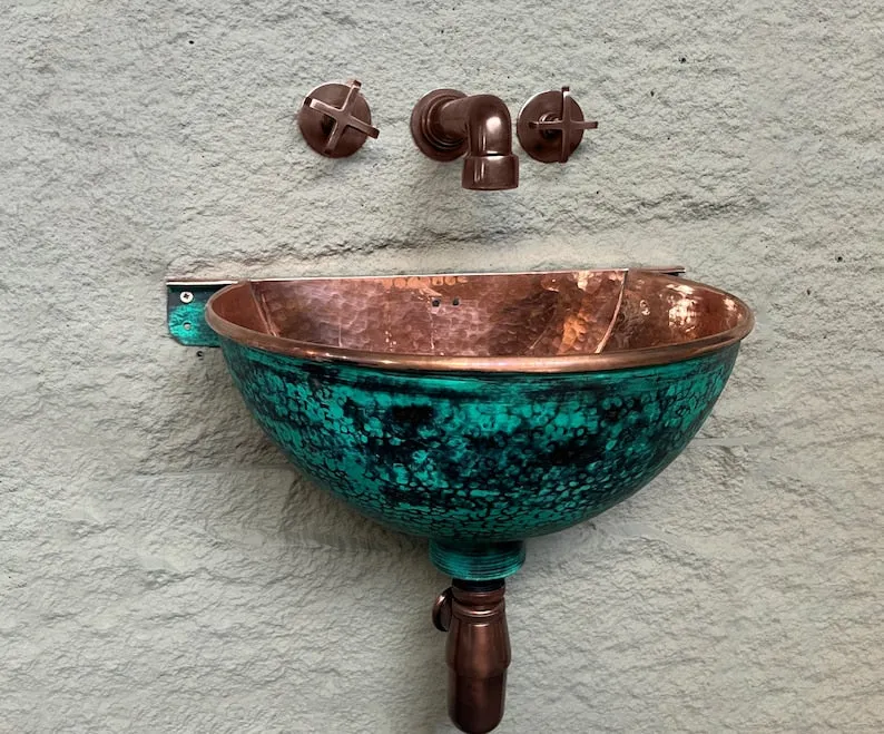 Oxidized Copper Wall-Mounted Bathroom Sink – Green Patina Copper Basin with Faucet