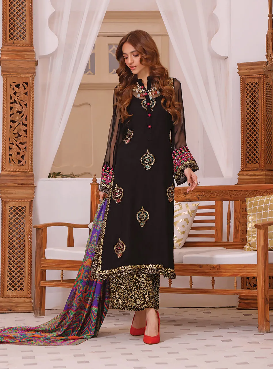Pakistani Chiffon Salwar Kameez in Black Color for Eid