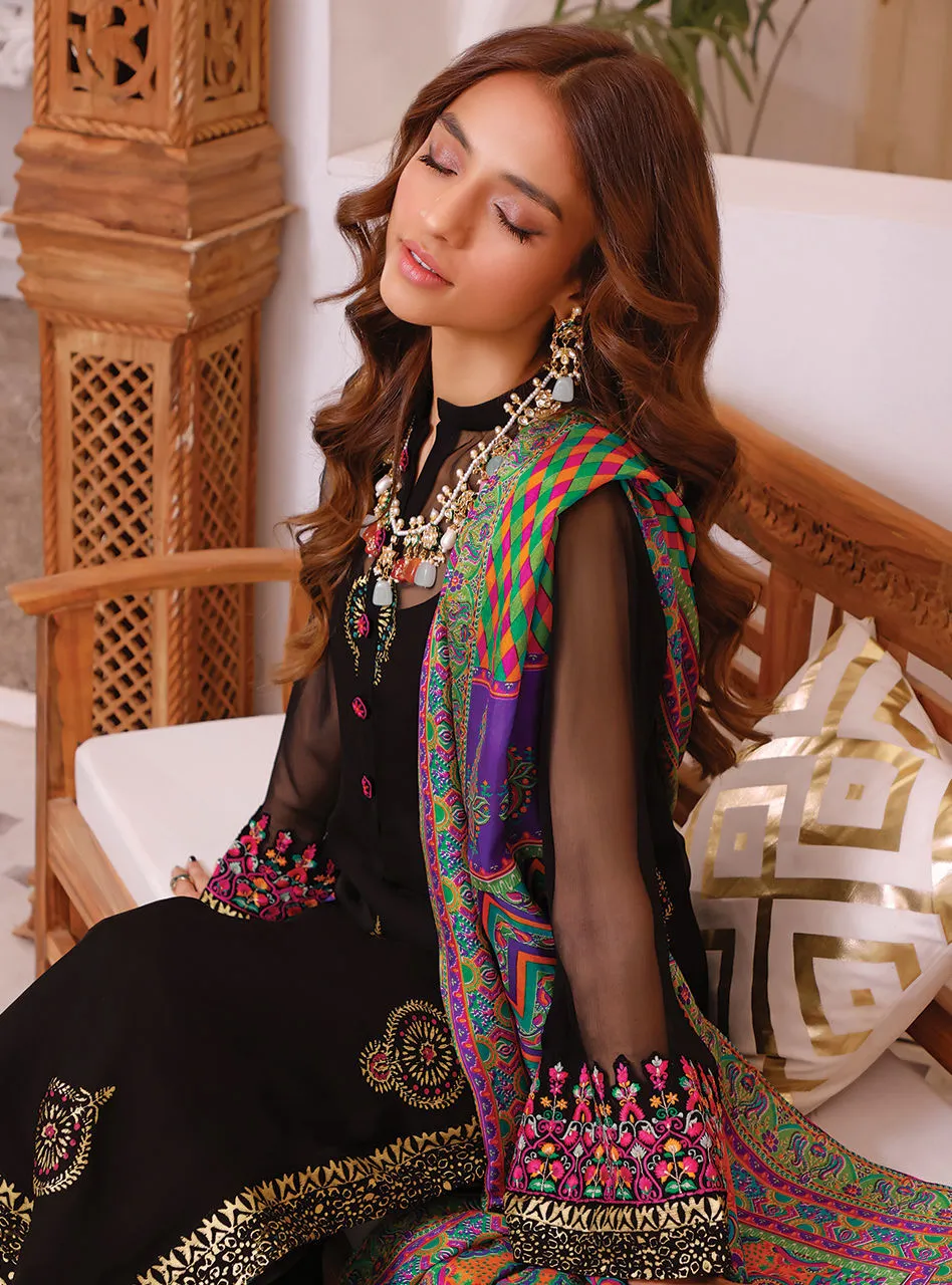 Pakistani Chiffon Salwar Kameez in Black Color for Eid