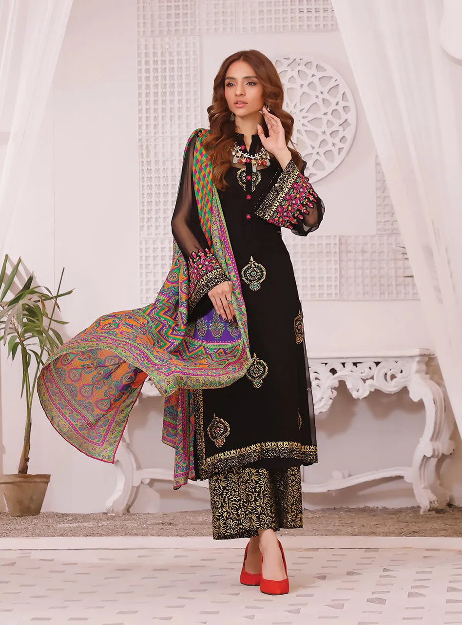 Pakistani Chiffon Salwar Kameez in Black Color for Eid