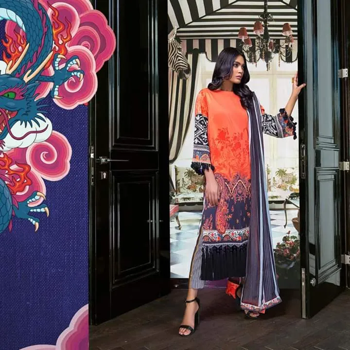 Pakistani Lawn Wear in Orange Color #M0066