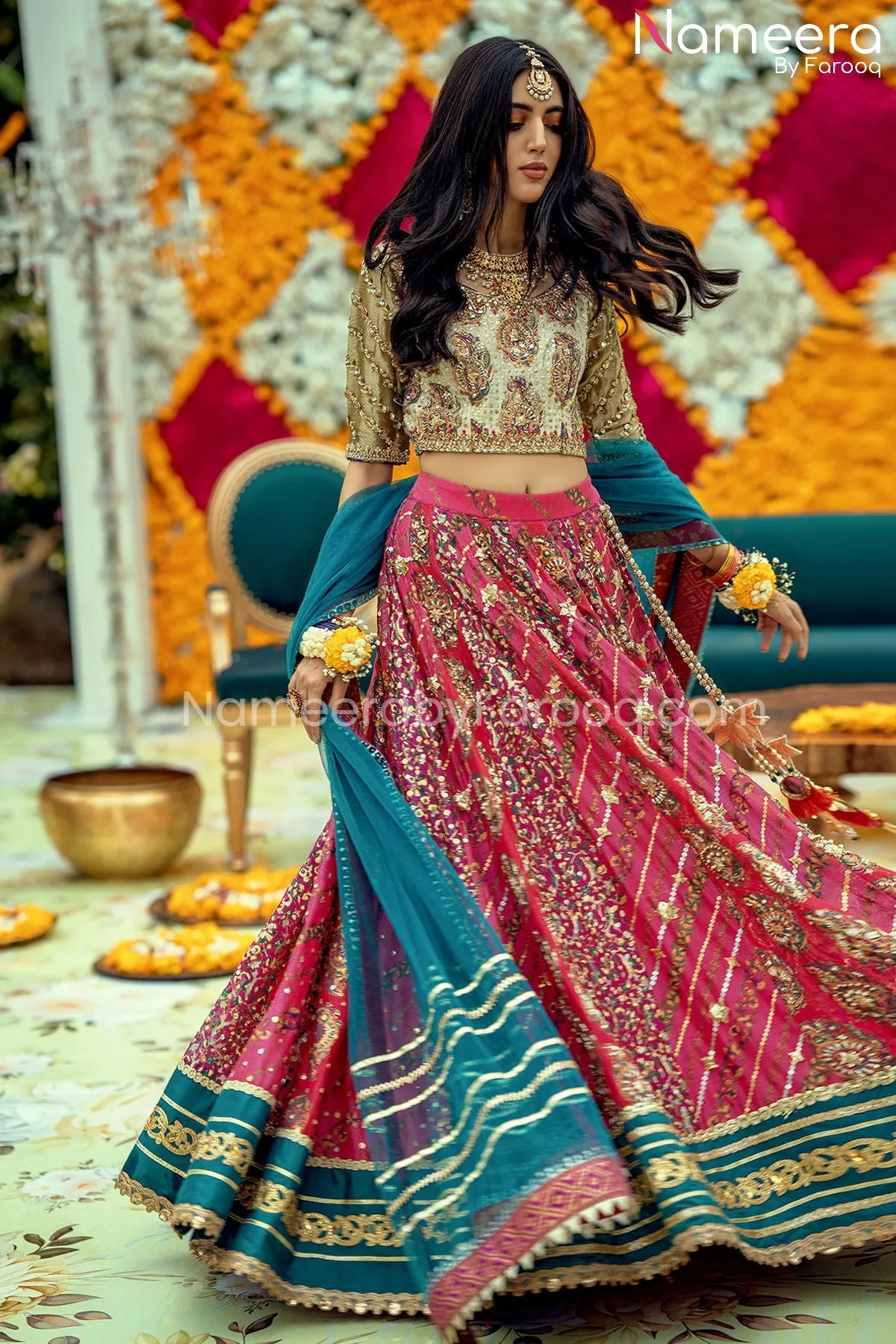 Pakistani Pink Bridal Lehengas with Choli Dress #BS605