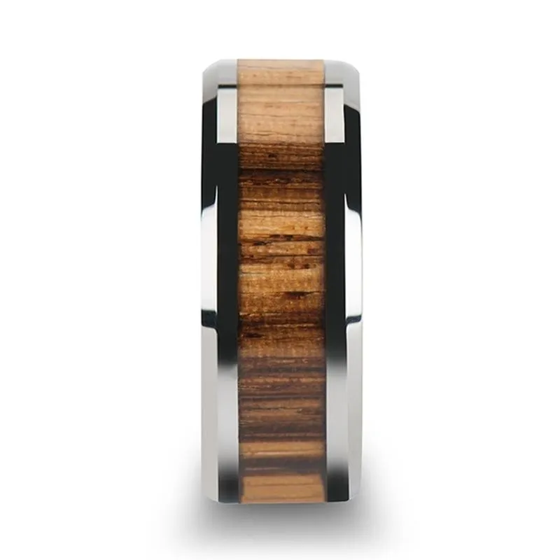 PALMALETTO | Silver Tungsten Ring, Zebra Wood Inlay, Beveled