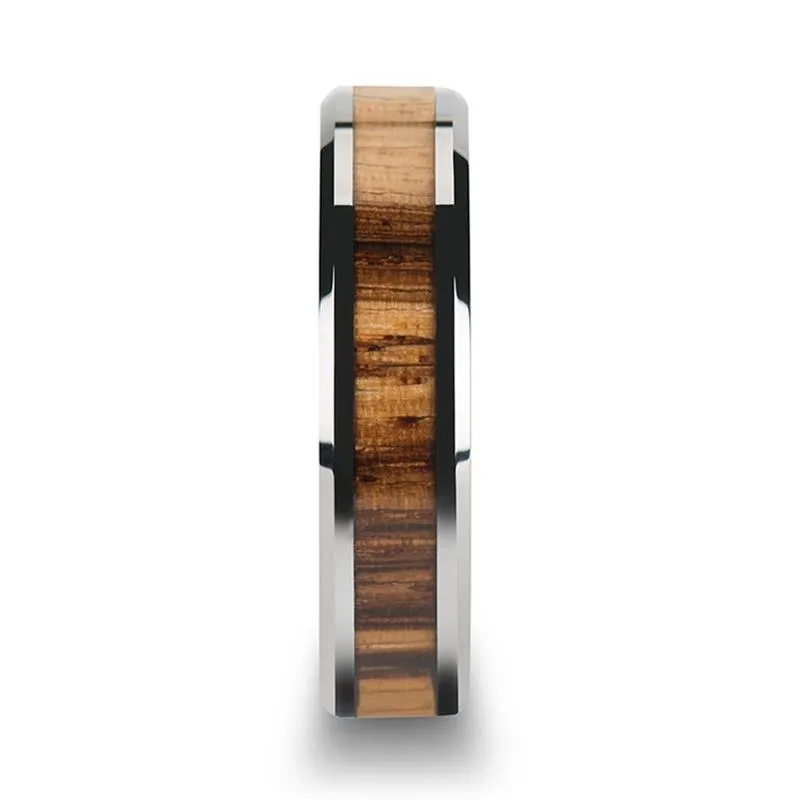 PALMALETTO | Silver Tungsten Ring, Zebra Wood Inlay, Beveled