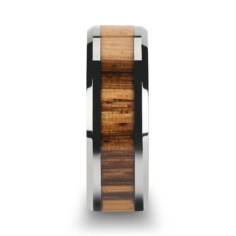 PALMALETTO | Silver Tungsten Ring, Zebra Wood Inlay, Beveled