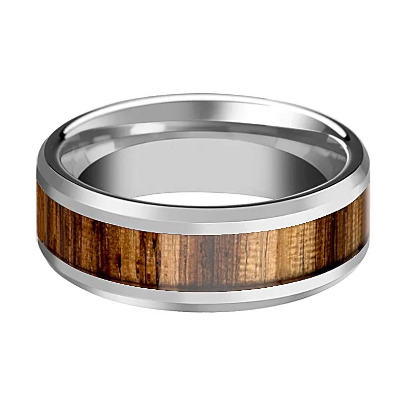 PALMALETTO | Silver Tungsten Ring, Zebra Wood Inlay, Beveled