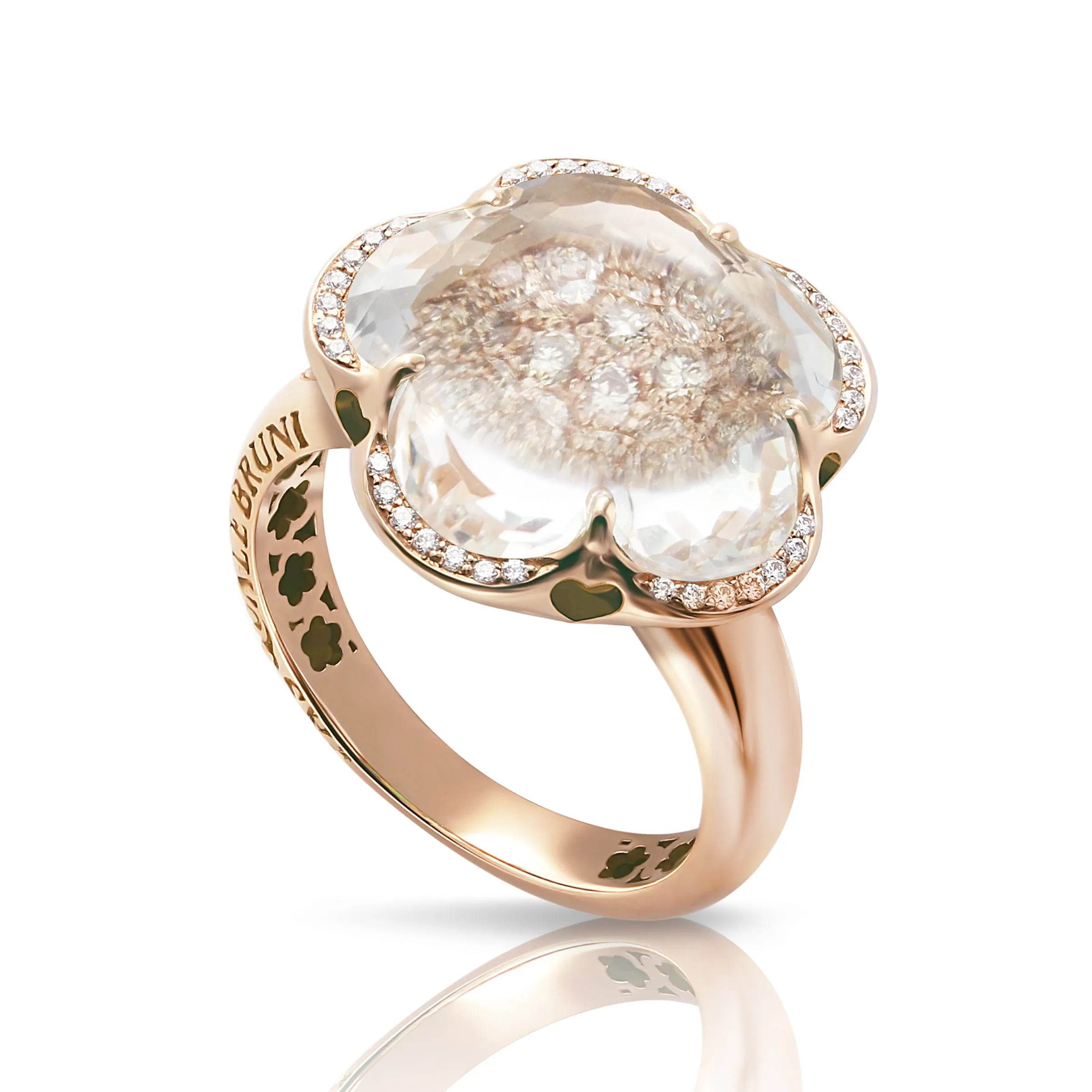 Pasquale Bruni 18k Rose Gold Bon Ton White Rock Crystal Quartz and Champagne Diamond Ring Size 6, Dias=0.32tw