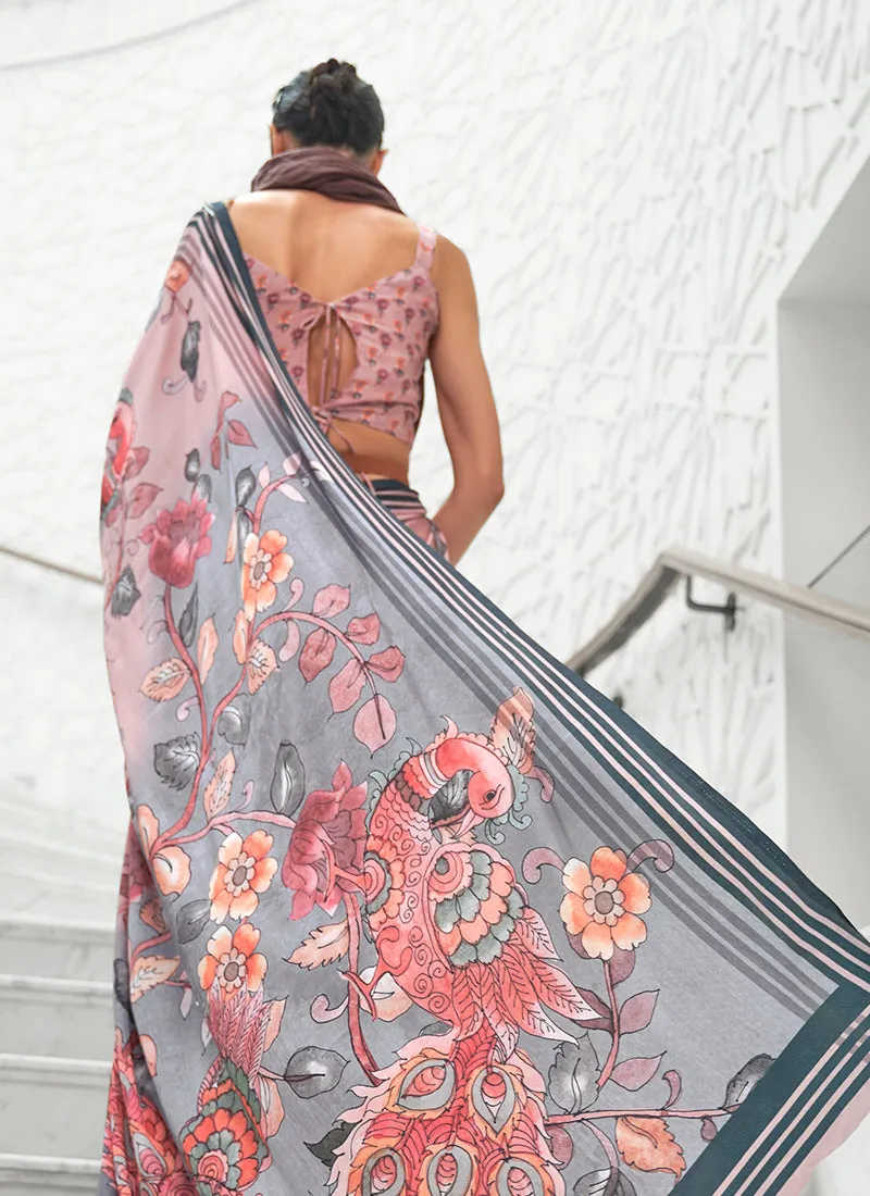 Peach Floral Digital Printed Crape Silk Saree