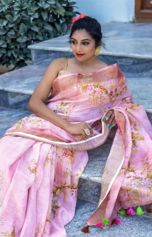 Peach Sorbet Pure Handwoven Linen Floral Printed Saree