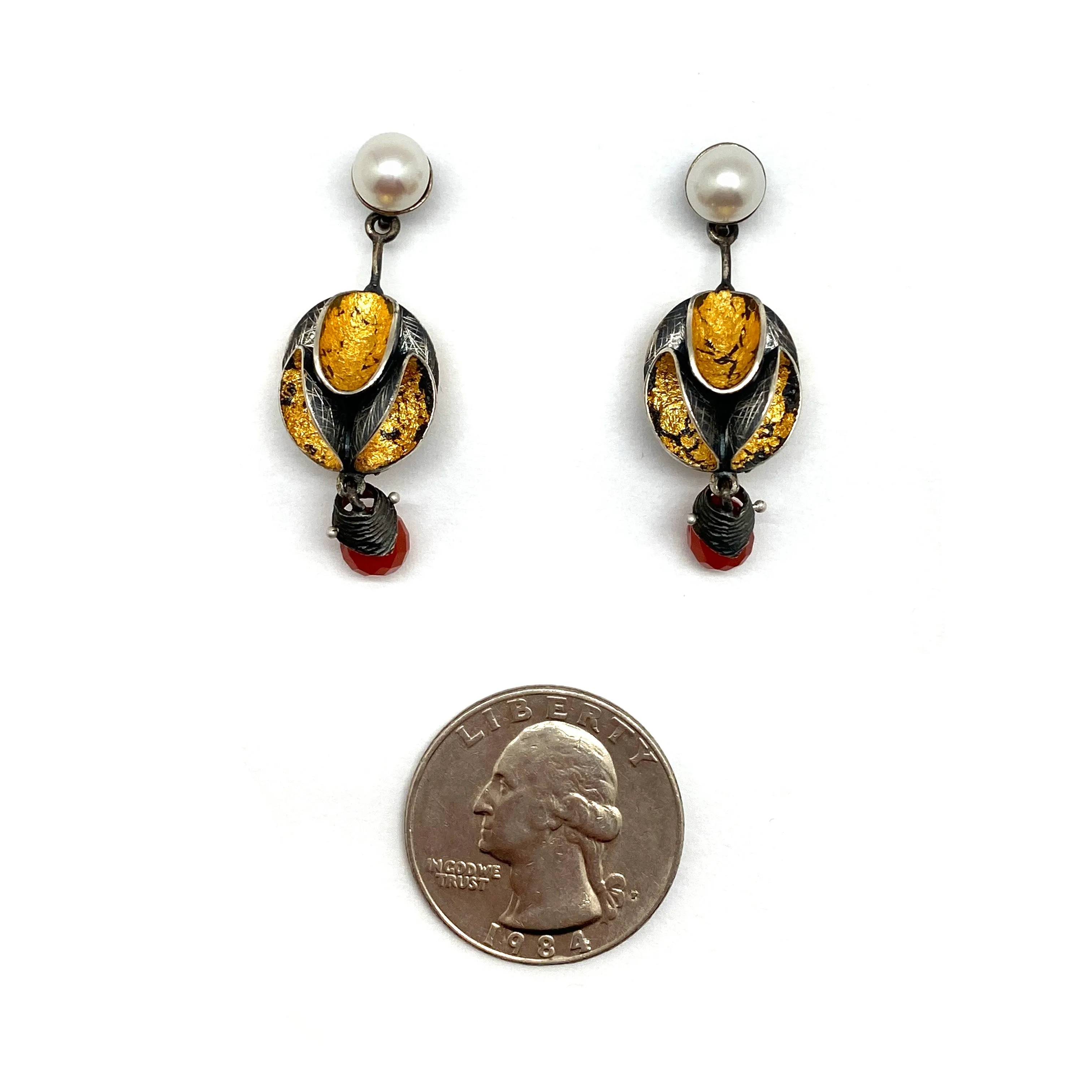 Pearl and Carnelian Gold Dangle Earrings