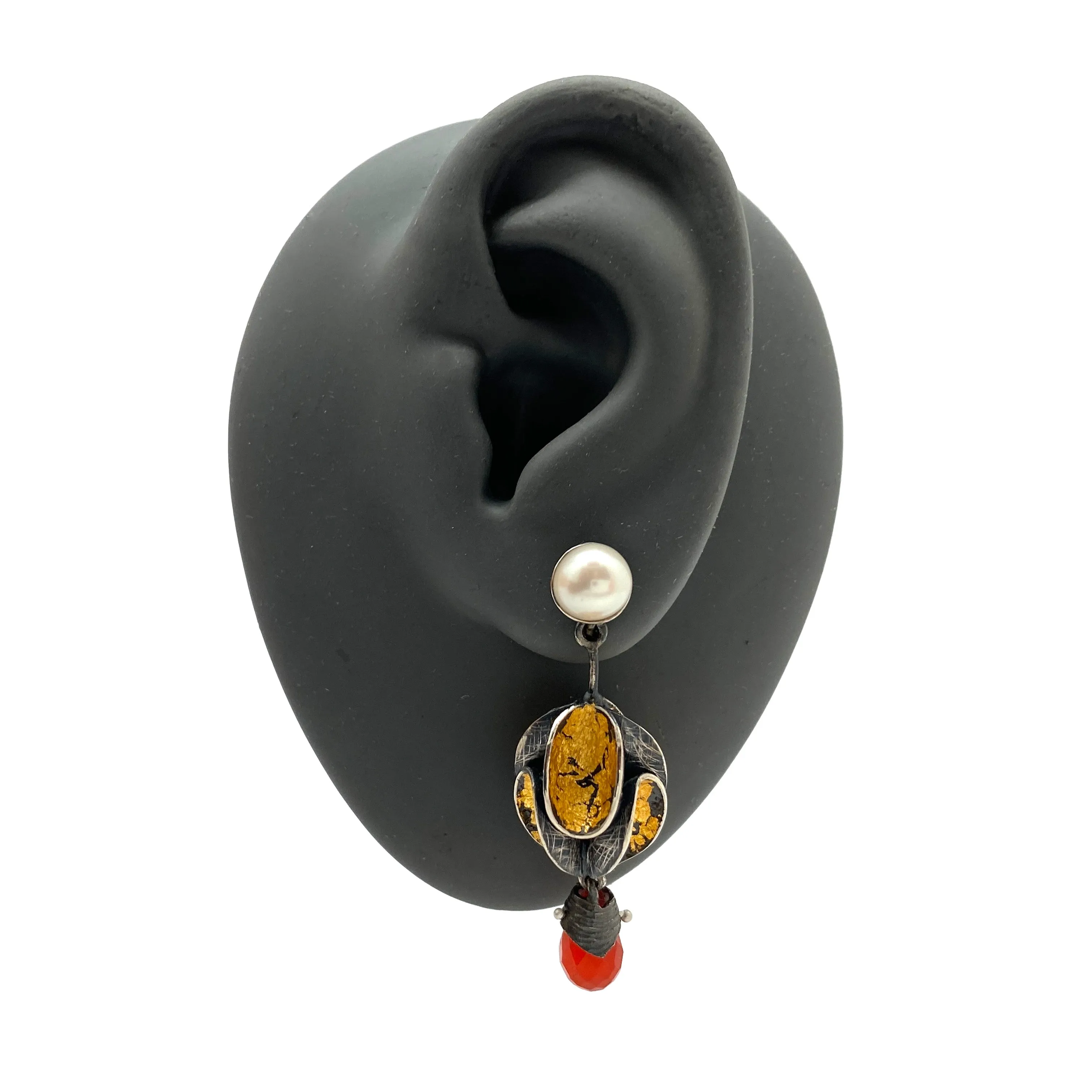 Pearl and Carnelian Gold Dangle Earrings