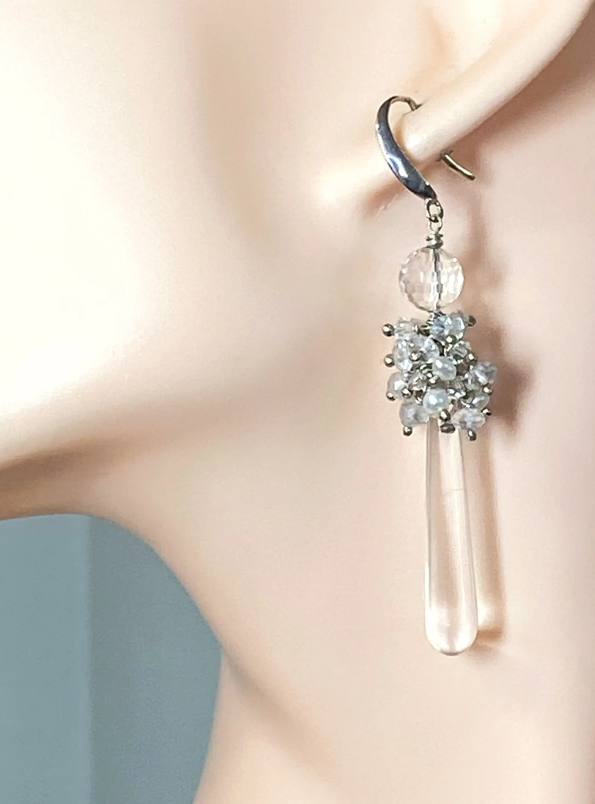 Pearl Cluster Long Crystal Quartz Drop Wedding Earrings
