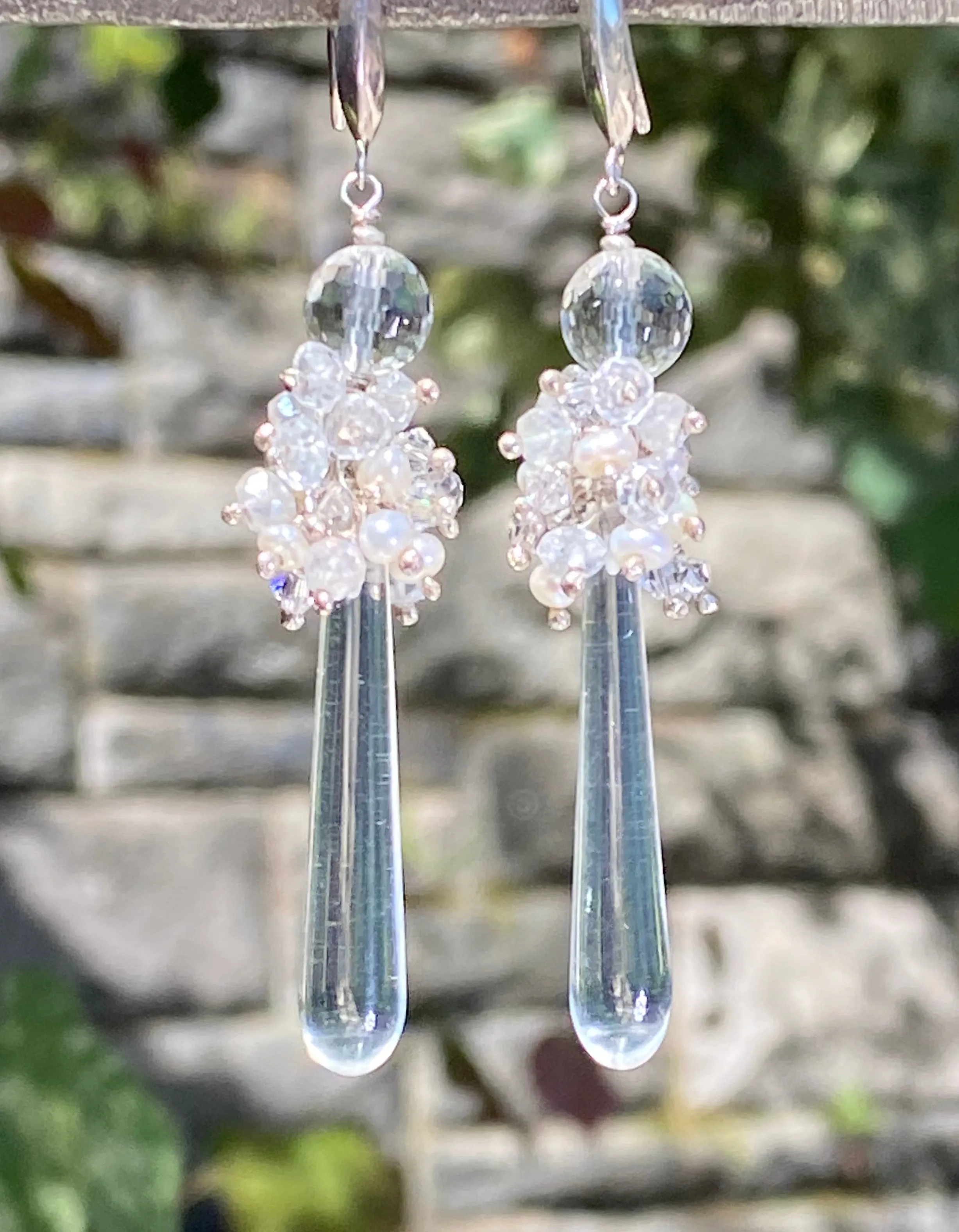 Pearl Cluster Long Crystal Quartz Drop Wedding Earrings