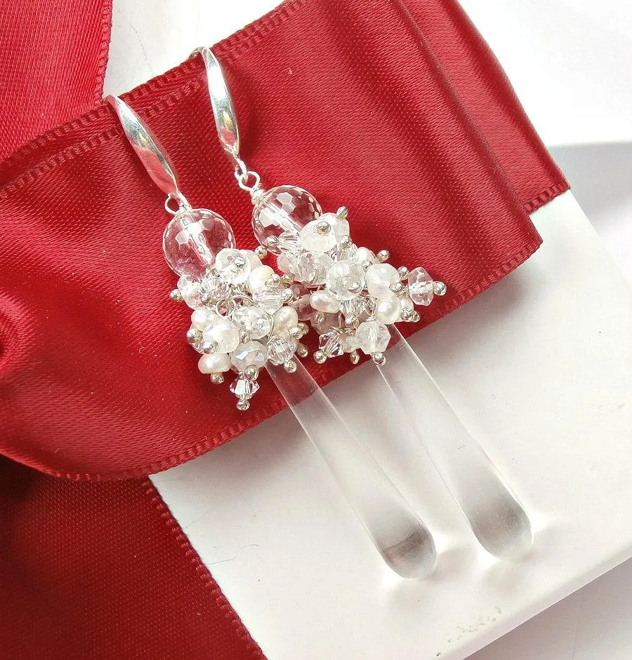 Pearl Cluster Long Crystal Quartz Drop Wedding Earrings