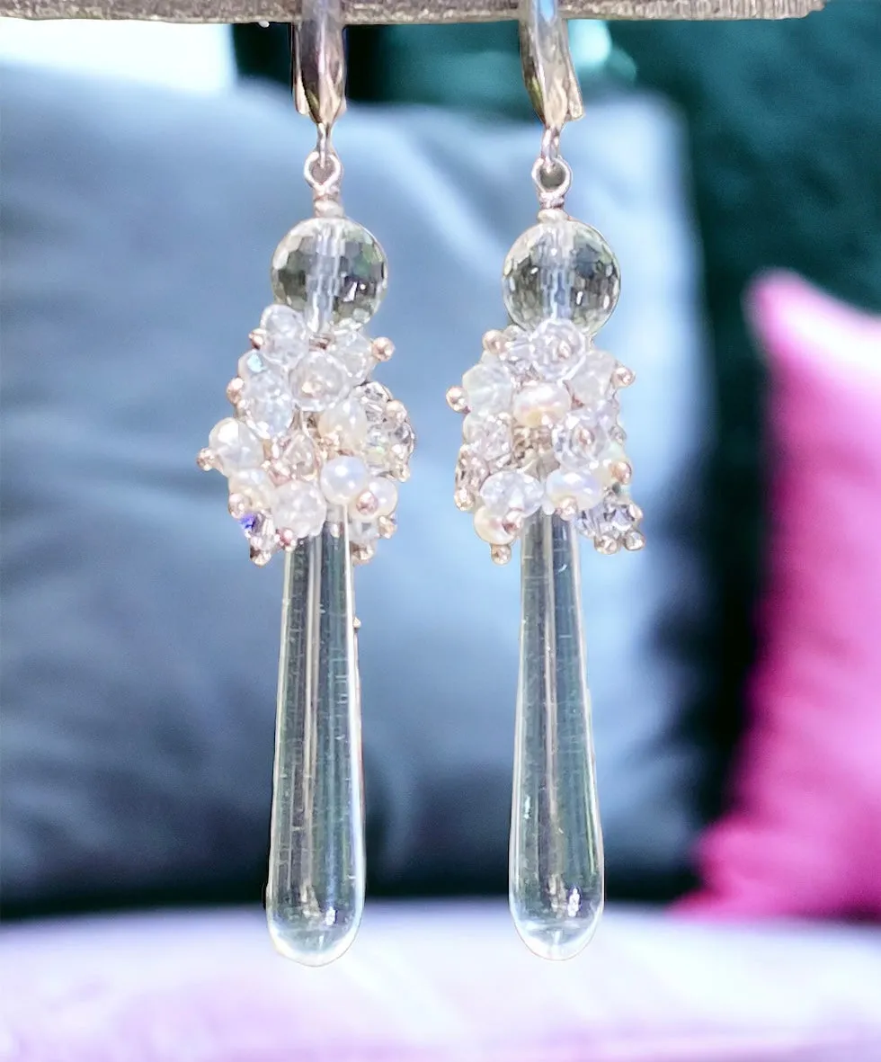 Pearl Cluster Long Crystal Quartz Drop Wedding Earrings
