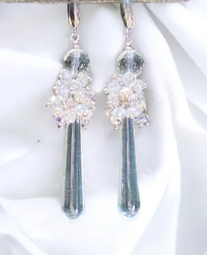 Pearl Cluster Long Crystal Quartz Drop Wedding Earrings