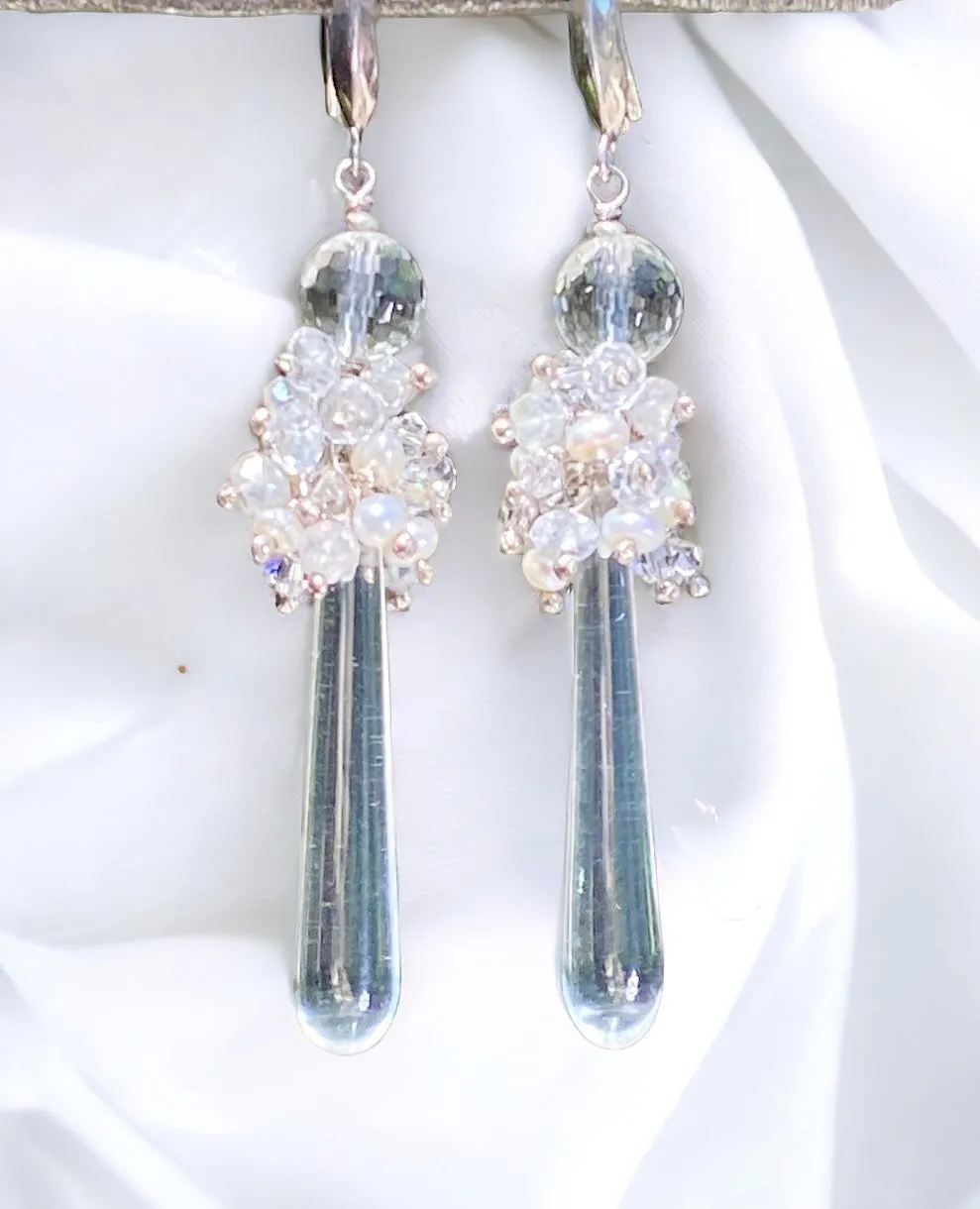 Pearl Cluster Long Crystal Quartz Drop Wedding Earrings