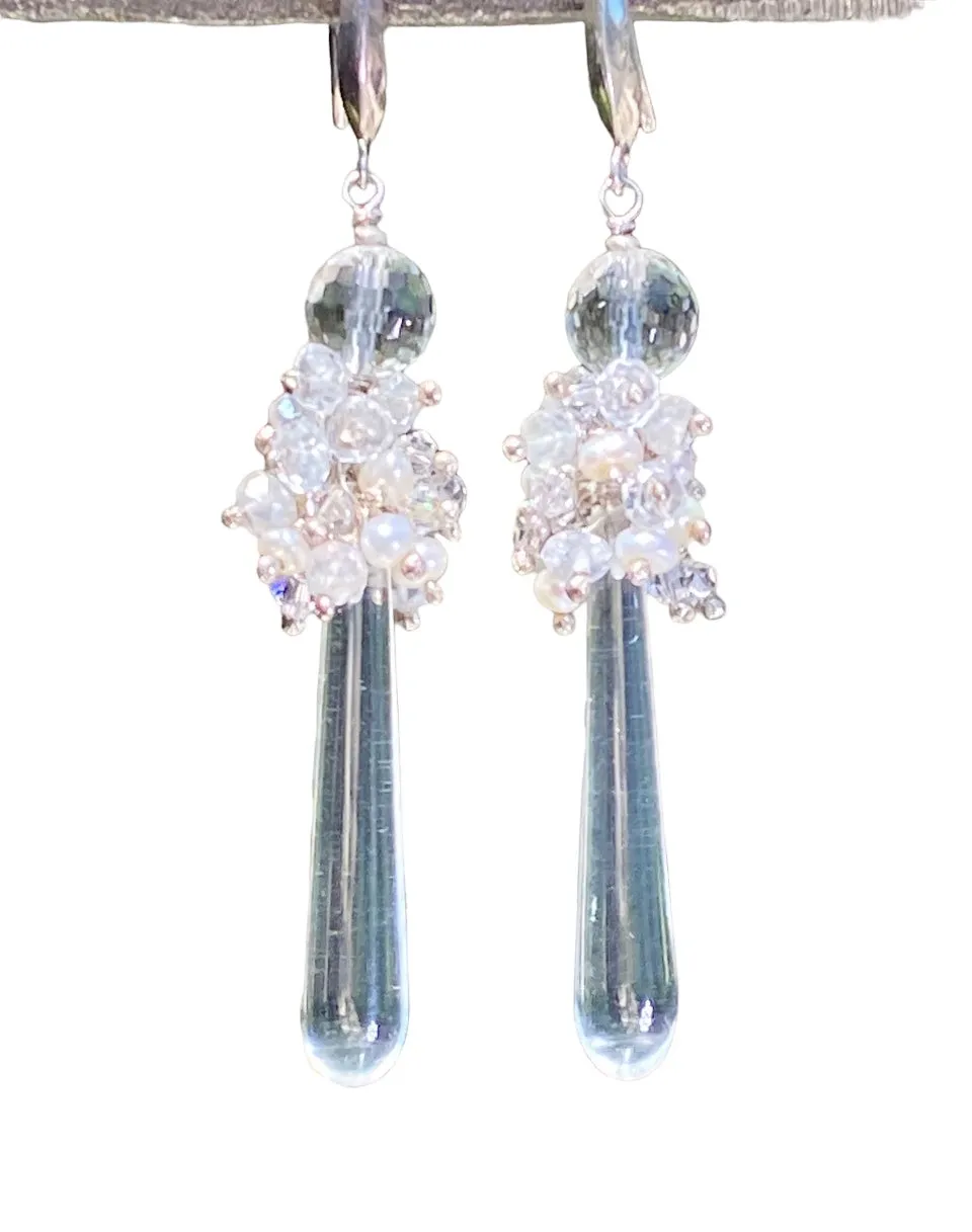 Pearl Cluster Long Crystal Quartz Drop Wedding Earrings