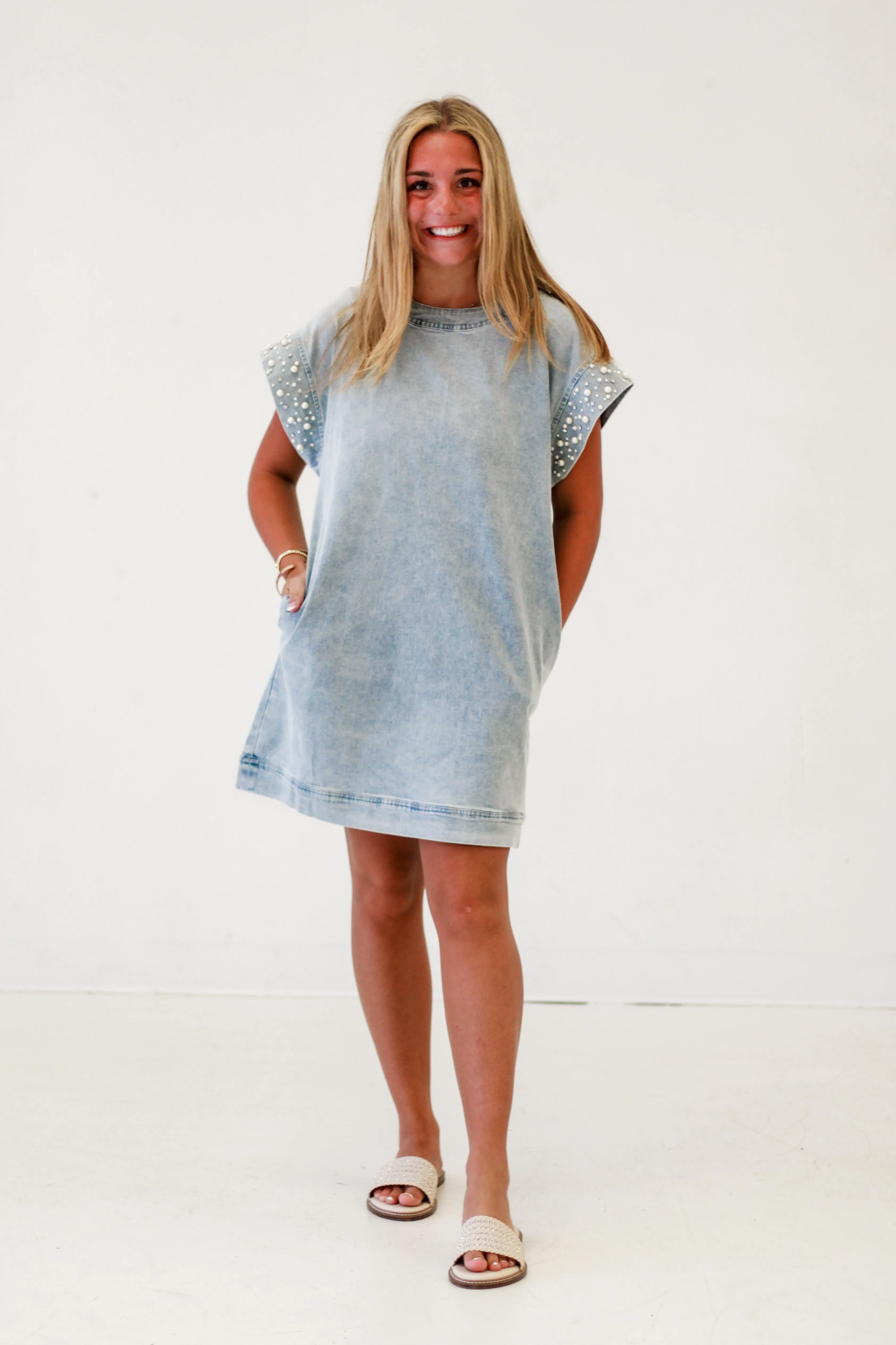 Pearl-Embellished Cuff Denim Dress in Lt Blue