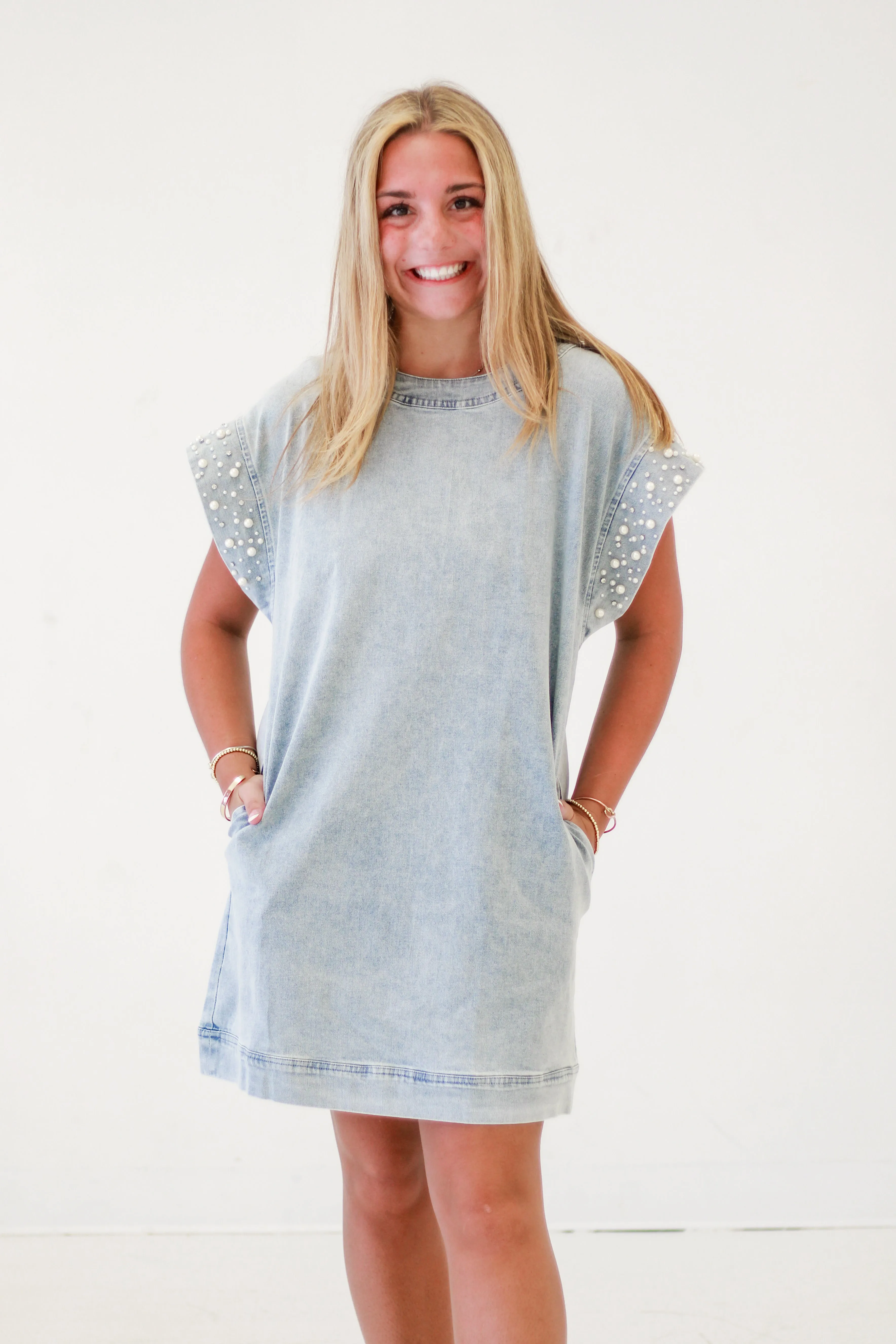 Pearl-Embellished Cuff Denim Dress in Lt Blue
